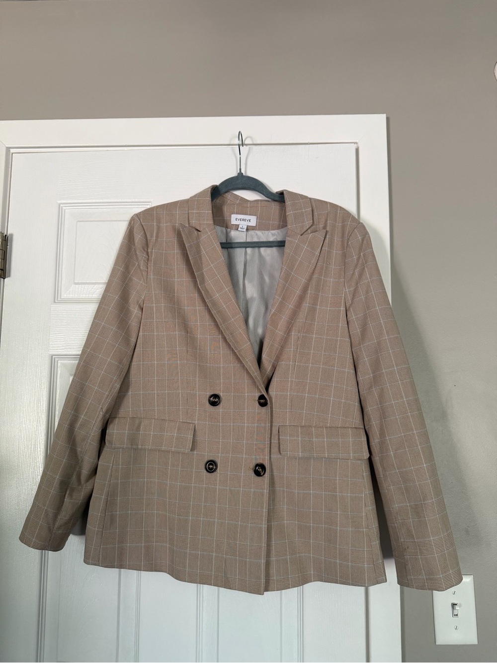 Evereve Anthropologie Plaid Double Breasted Taupe Blazer Office Business